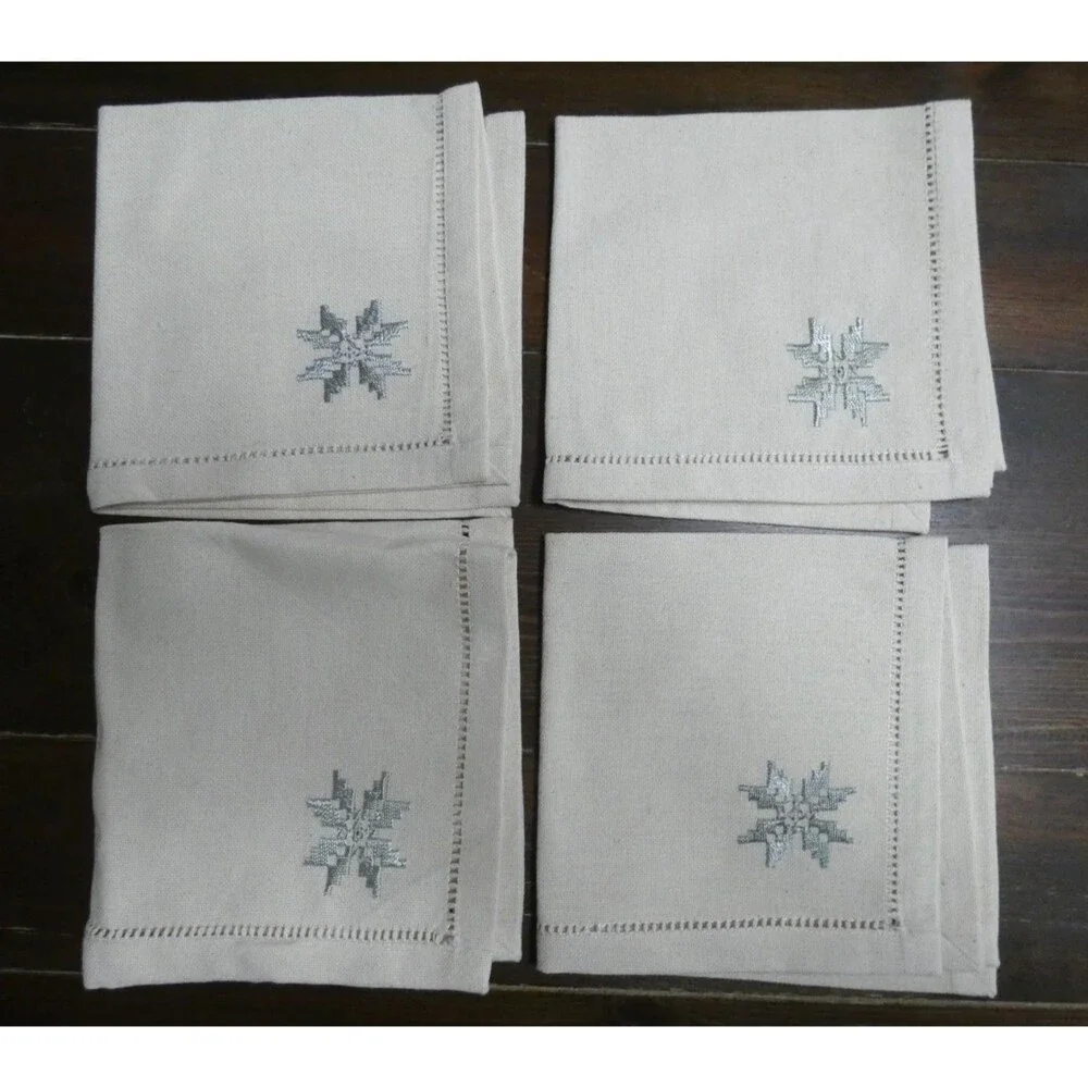 Unbranded Set of 4 Let It Snow Snowflake Embroidered Linen Napkins 14.5